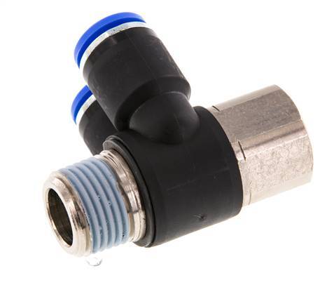 12mm x R1/2'' Double 90deg Elbow Push-in Fitting with Male-Female Threads Brass/PA 66 NBR Rotatable