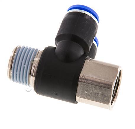 12mm x R1/2'' Double 90deg Elbow Push-in Fitting with Male-Female Threads Brass/PA 66 NBR Rotatable