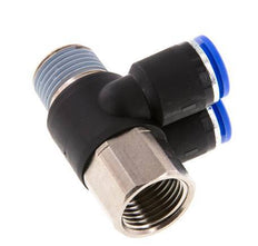 12mm x R1/2'' Double 90deg Elbow Push-in Fitting with Male-Female Threads Brass/PA 66 NBR Rotatable