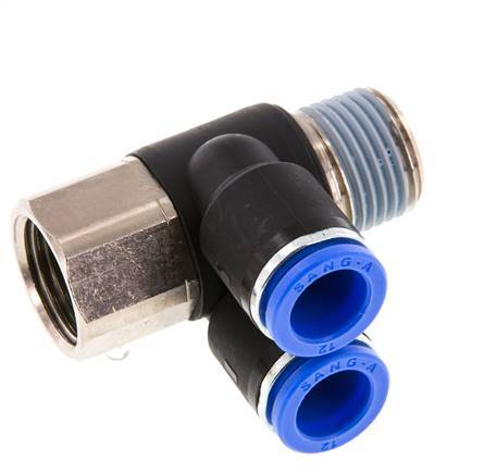 12mm x R1/2'' Double 90deg Elbow Push-in Fitting with Male-Female Threads Brass/PA 66 NBR Rotatable