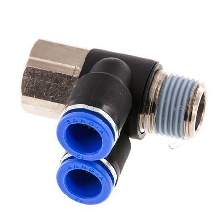 12mm x R1/2'' Double 90deg Elbow Push-in Fitting with Male-Female Threads Brass/PA 66 NBR Rotatable