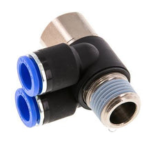 12mm x R1/2'' Double 90deg Elbow Push-in Fitting with Male-Female Threads Brass/PA 66 NBR Rotatable