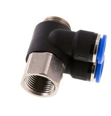 10mm x G3/8'' Double 90deg Elbow Push-in Fitting with Male-Female Threads Brass/PA 66 NBR Rotatable