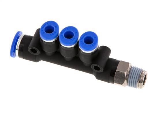 4mm x 6mm x R1/8'' 3-way Manifold Push-in Fitting with Male Threads Brass/PA 66 NBR Rotatable