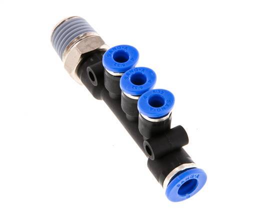 4mm x 6mm x R1/4'' 3-way Manifold Push-in Fitting with Male Threads Brass/PA 66 NBR Rotatable