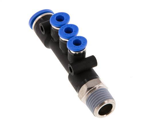 4mm x 8mm x R1/4'' 3-way Manifold Push-in Fitting with Male Threads Brass/PA 66 NBR Rotatable