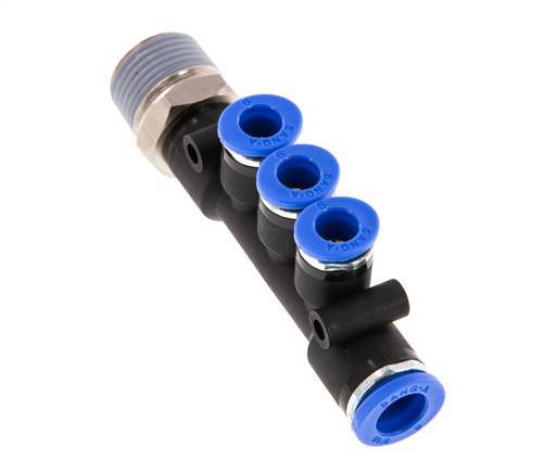 6mm x 8mm x R3/8'' 3-way Manifold Push-in Fitting with Male Threads Brass/PA 66 NBR Rotatable