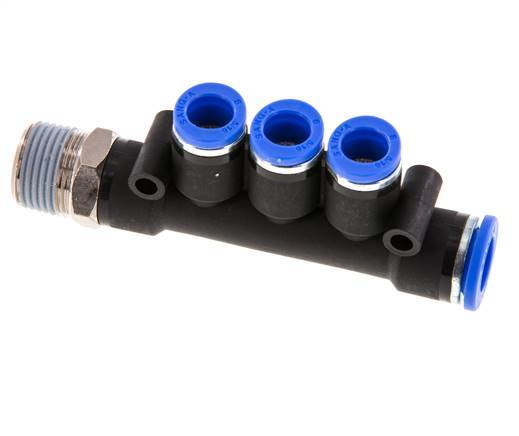 8mm x 10mm x R3/8'' 3-way Manifold Push-in Fitting with Male Threads Brass/PA 66 NBR Rotatable