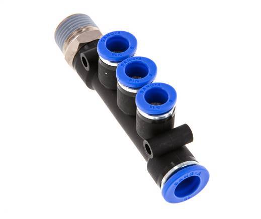 8mm x 10mm x R3/8'' 3-way Manifold Push-in Fitting with Male Threads Brass/PA 66 NBR Rotatable