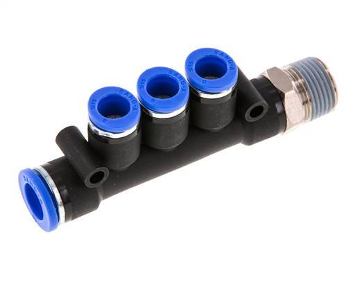 8mm x 10mm x R3/8'' 3-way Manifold Push-in Fitting with Male Threads Brass/PA 66 NBR Rotatable