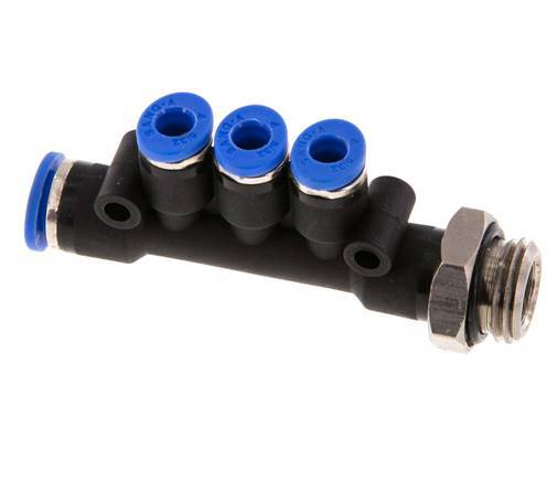 4mm x 6mm x G1/4'' 3-way Manifold Push-in Fitting with Male Threads Brass/PA 66 NBR Rotatable