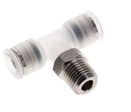 8mm x R1/4'' Inline Tee Push-in Fitting with Male Threads PA/Stainless Steel EPDM FDA Rotatable
