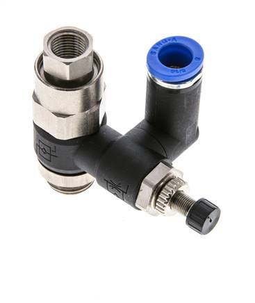 Flow Control Silencer Meter-Out Rotatable 8 mm - G1/4''-G1/8'' Brass/PA 66 with Pilot Operated Check Valve