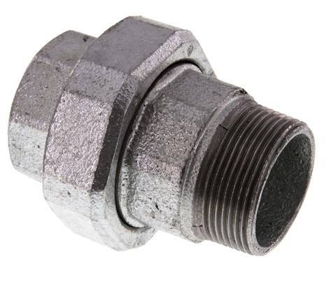 Rp 1 1/2'' x R 1 1/2'' F/M Zinc plated Cast iron Double Nipple 3-pieces with Flat sealing 25 Bar