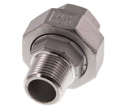 Rp 1/2'' x R 1/2'' F/M Stainless steel Double Nipple 3-pieces with Flat sealing 16 Bar