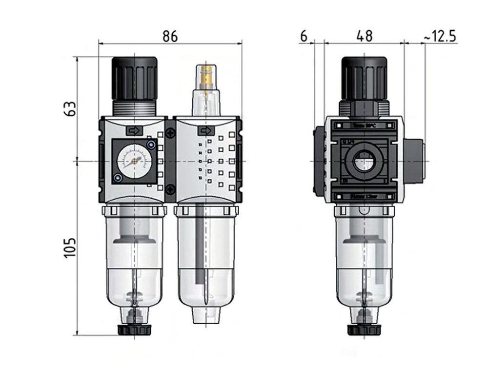 FRL 2-Part G1/4'' 800 l/min 0.5-10.0bar/7-145psi Auto (Closed Without Pressure) 40 mm Pressure Gauge Polycarbonate Futura 0