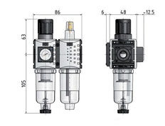 FRL 2-Part G1/4'' 800 l/min 0.5-10.0bar/7-145psi Auto (Closed Without Pressure) 40 mm Pressure Gauge Polycarbonate Futura 0