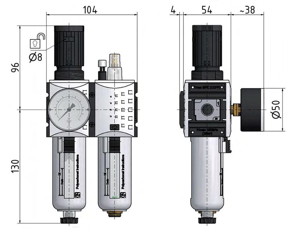 FRL 2-Part G3/8'' 1750 l/min 0.1-1.0bar/1-14psi Semi-Auto Polycarbonate Futura 1