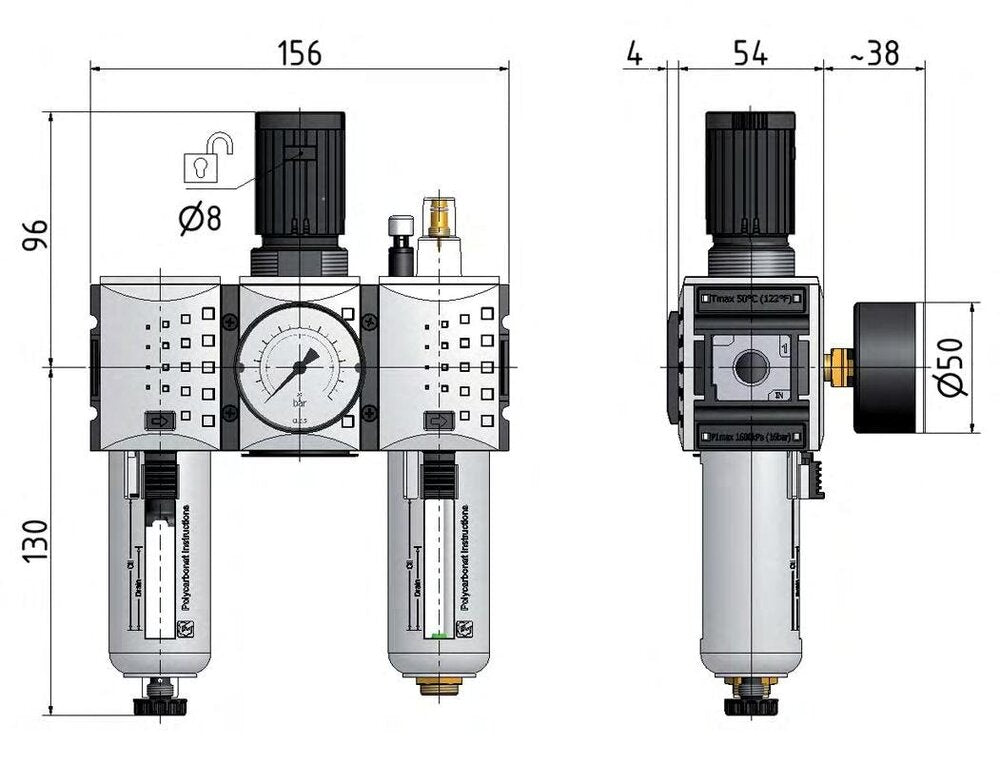 FRL 3-Part G1/4'' 1750 l/min 0.1-1.0bar/1-14psi Semi-Auto Metal Futura 1