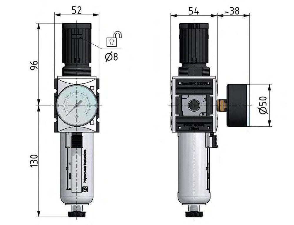 Filter-Regulator G3/8'' 2500 l/min 0.5-8.0bar/7-116psi Semi-Auto Polycarbonate Futura 1