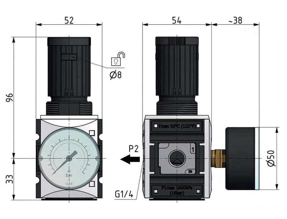 Pressure Regulator for Manifold Assembly G1/4''&3/8'' 2500 l/min 0.5-10.0bar/7-145psi PA Futura 1