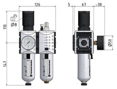 FRL 2-Part G3/8'' 3500 l/min 0.5-8.0bar/7-116psi Semi-Auto Polycarbonate Futura 2