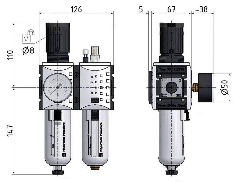 FRL 2-Part G1/2'' 3500 l/min 0.5-10.0bar/7-145psi Semi-Auto Polycarbonate Futura 2