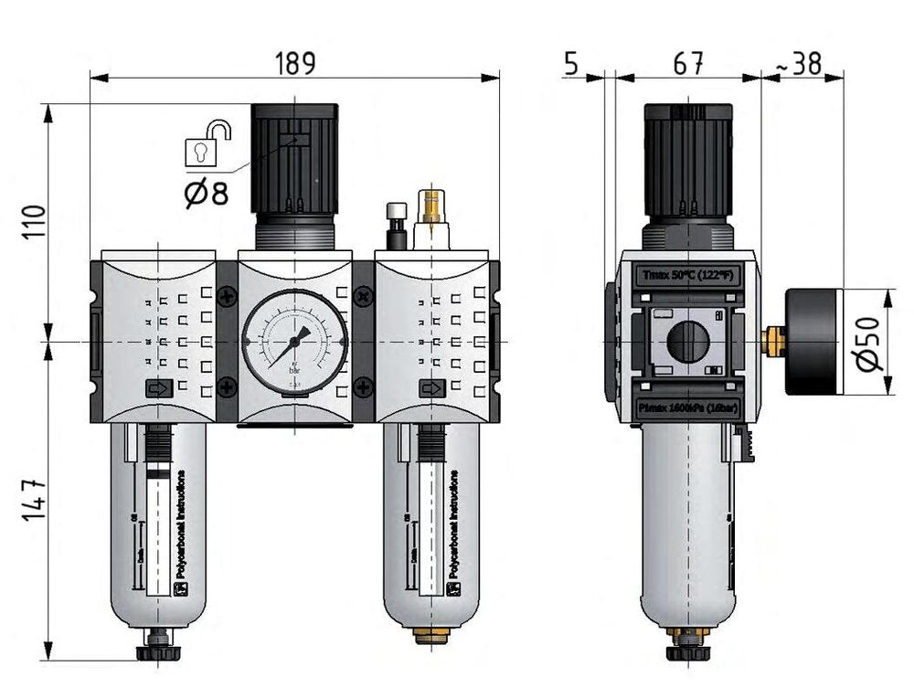 FRL 3-Part G1/2'' 3500 l/min 0.1-1.0bar/1-14psi Semi-Auto Metal Futura 2