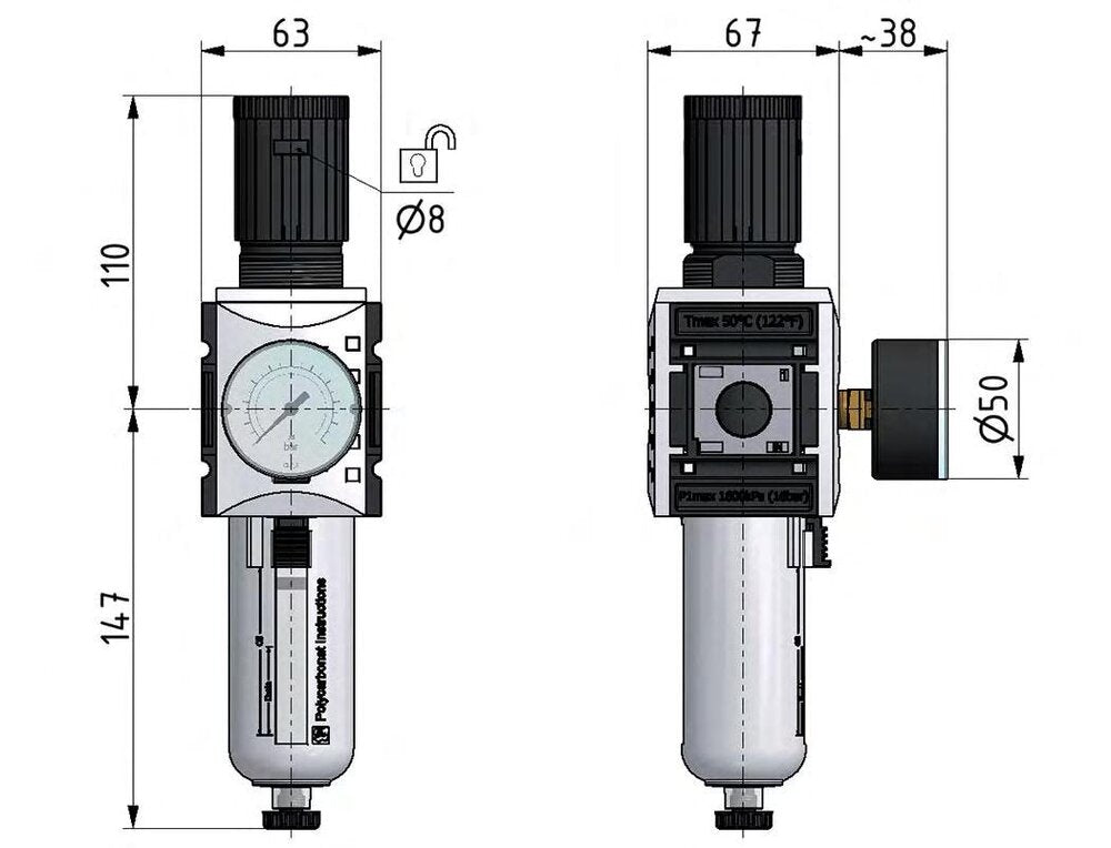 Filter-Regulator G1/2'' 5200 l/min 0.5-8.0bar/7-116psi Auto Safety Polycarbonate Futura 2