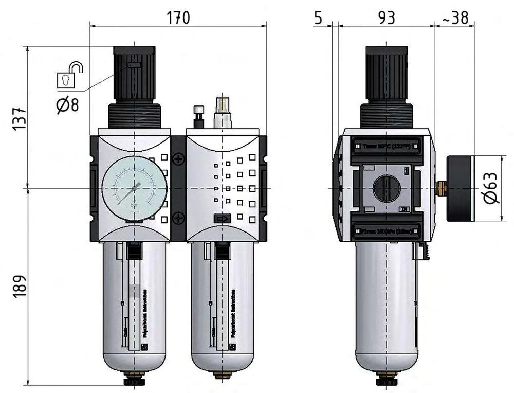 FRL 2-Part G3/4'' 12000 l/min 0.5-16.0bar/7-232psi Auto Polycarbonate Futura 4