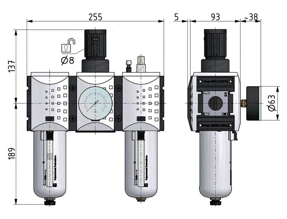 FRL 3-Part G3/4'' 12000 l/min 0.5-8.0bar/7-116psi Semi-Auto Polycarbonate Futura 4