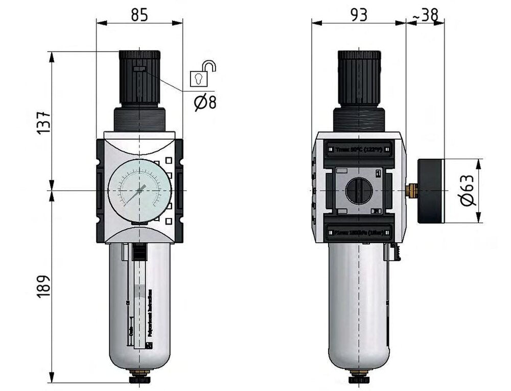 Filter-Regulator G1'' 13000 l/min 0.5-8.0bar/7-116psi Semi-Auto Metal Futura 4