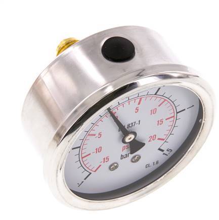 -1..1.5 Bar (-15..22 psi) Glycerin Pressure Gauge Rear Stainless steel/Brass 63 mm Class 1.6