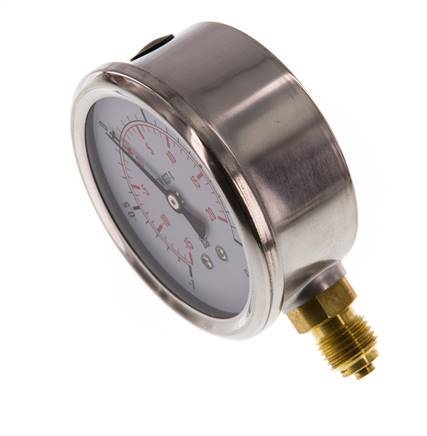 -1..1.5 Bar (-15..22 psi) Glycerin Pressure Gauge Below Stainless steel/Brass 63 mm Class 1.6