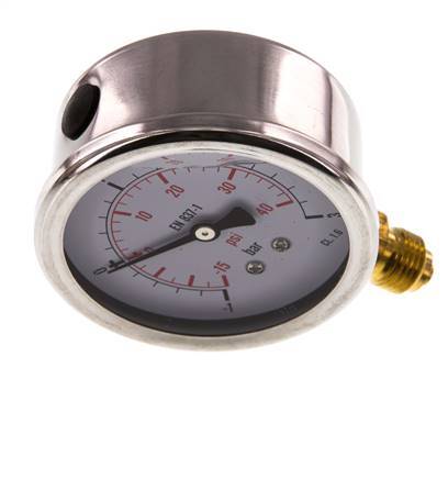 -1..3 Bar (-15..44 psi) Glycerin Pressure Gauge Below Stainless steel/Brass 63 mm Class 1.6