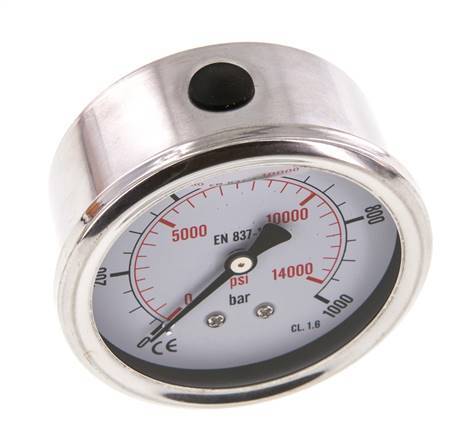 0..1000 Bar (0..14504 psi) Glycerin Pressure Gauge Rear Stainless steel/Brass 63 mm Class 1.6