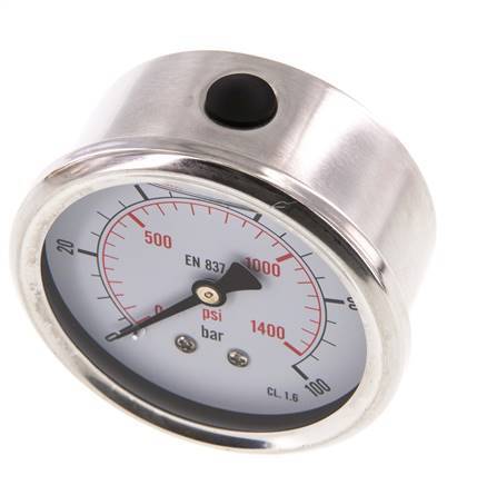 0..100 Bar (0..1450 psi) Glycerin Pressure Gauge Rear Stainless steel/Brass 63 mm Class 1.6
