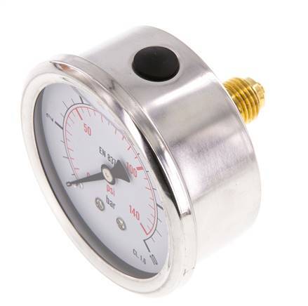 0..10 Bar (0..145 psi) Glycerin Pressure Gauge Rear Stainless steel/Brass 63 mm Class 1.6