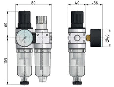 FRL 2-Part G1/4'' 700 l/min 0.1-3.0bar/1-44psi Auto (Closed Without Pressure) 40 mm Pressure Gauge Polycarbonate Multifix 0