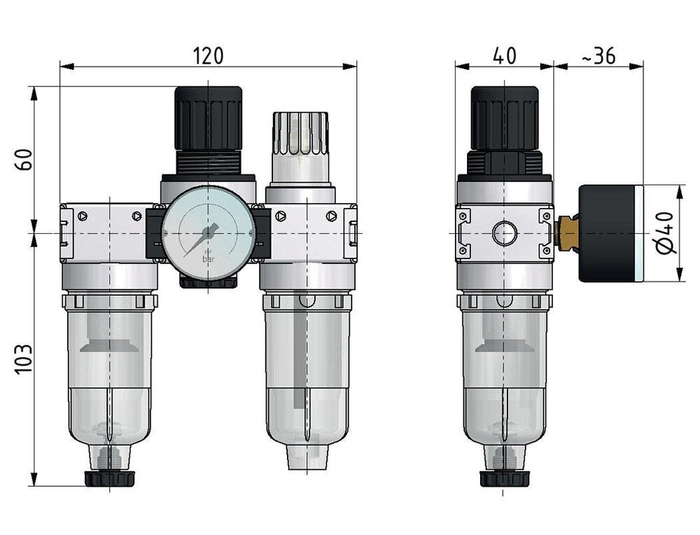 FRL 3-Part G1/4'' 750 l/min 0.1-3.0bar/1-44psi Semi-Auto 40 mm Pressure Gauge Polycarbonate Multifix 0