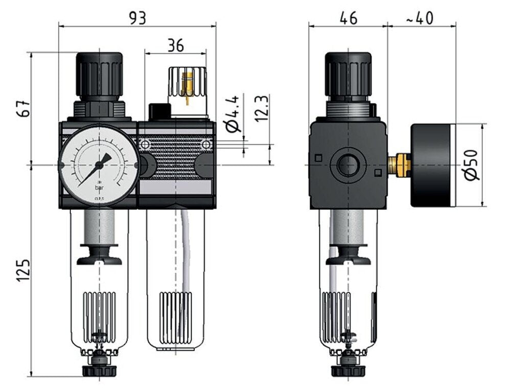 FRL 2-Part G1/4'' 1200 l/min 0.5-10.0bar/7-145psi Semi-Auto Polycarbonate Multifix 1
