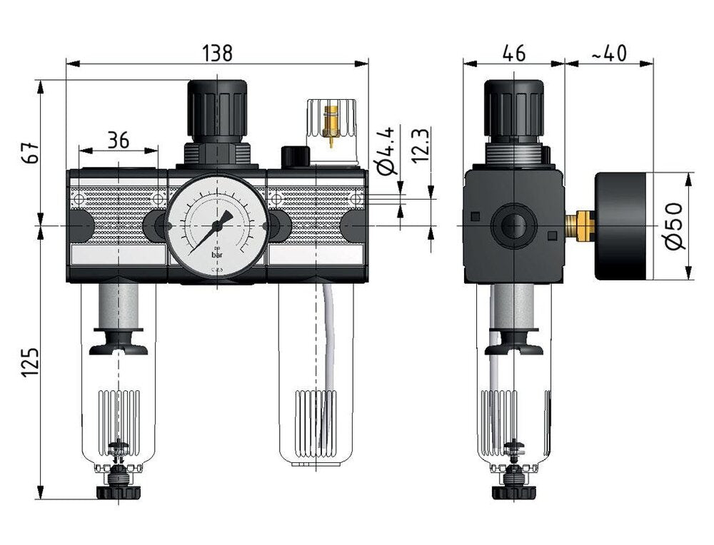 FRL 3-Part G1/4'' 1200 l/min 0.5-10.0bar/7-145psi Semi-Auto Protective Cage Polycarbonate Multifix 1