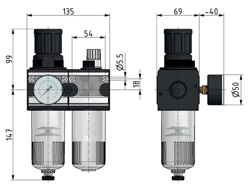 FRL 2-Part G1/2'' 5800 l/min 0.5-10.0bar/7-145psi Auto (Closed Without Pressure) Polycarbonate Multifix 2
