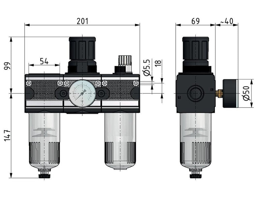 FRL 3-Part G1/2'' 5800 l/min 0.5-10.0bar/7-145psi Semi-Auto Protective Cage Polycarbonate Multifix 2