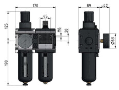 FRL 2-Part G1'' 12000 l/min 0.2-6.0bar/3-87psi Semi-Auto Polycarbonate Multifix 4
