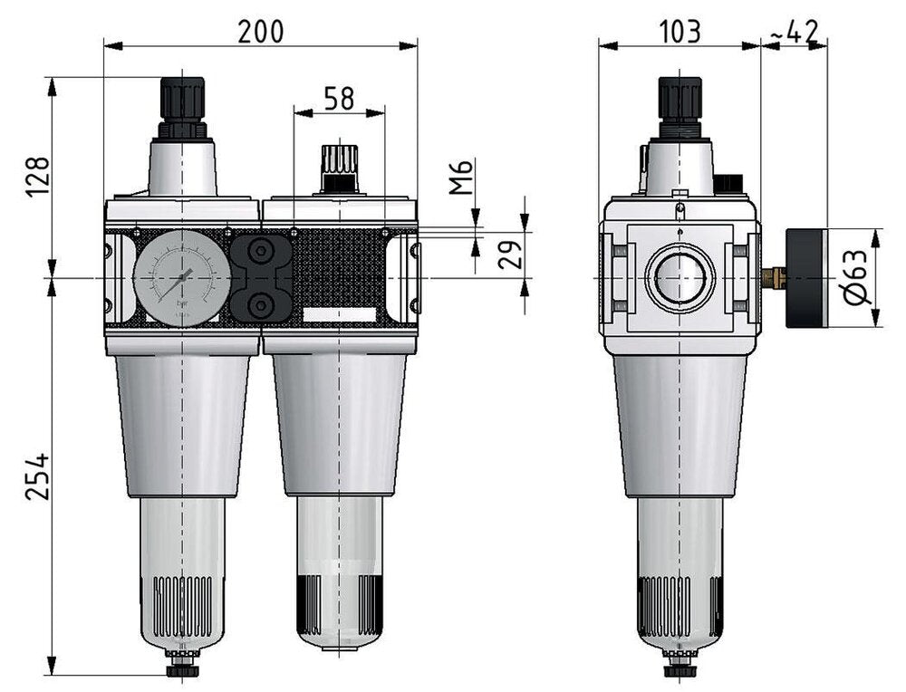 FRL 2-Part G1'' 13500 l/min 0.5-10.0bar/7-145psi Semi-Auto Safety Protective Cage Polycarbonate Multifix 5