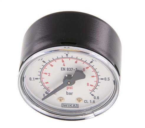 0..0.6 Bar (0..9 psi) Pressure Gauge Rear Steel/Brass 50 mm Class 1.6