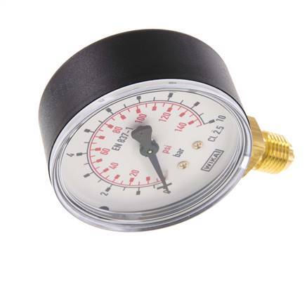 0..10 Bar (0..145 psi) Pressure Gauge Below Plastic/Brass 63 mm Class 2.5