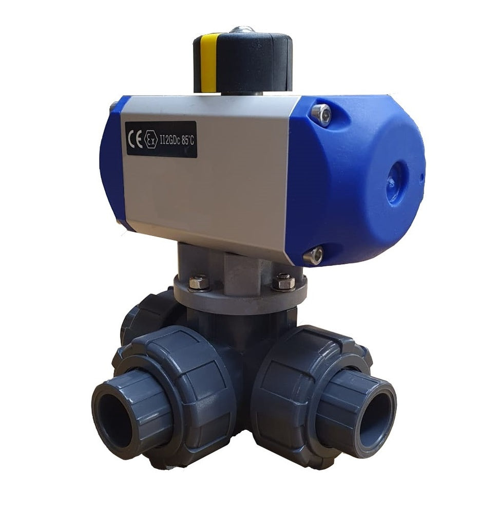 63mm L-bore 3-Way PVC Pneumatic Ball Valve Spring Open FKM