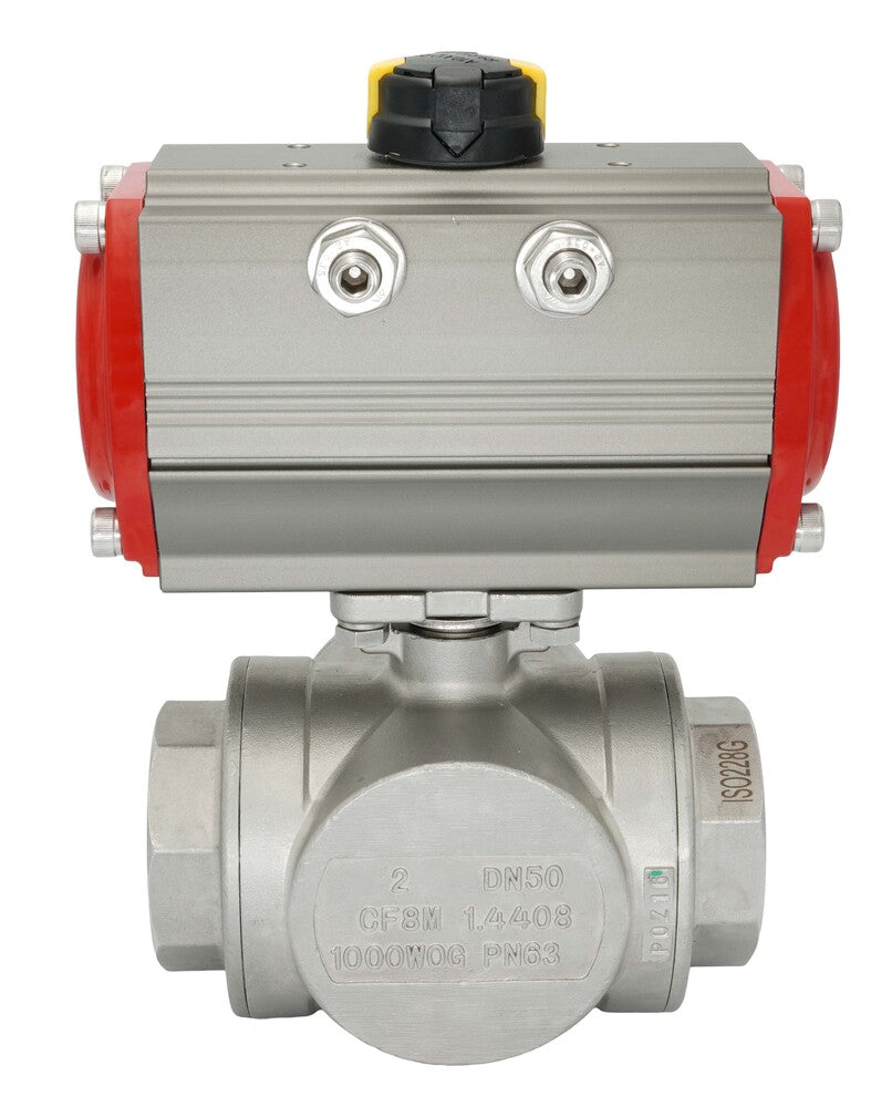 3-Way Pneumatic Ball Valve G1 1/4'' L-bore Brass Double Acting